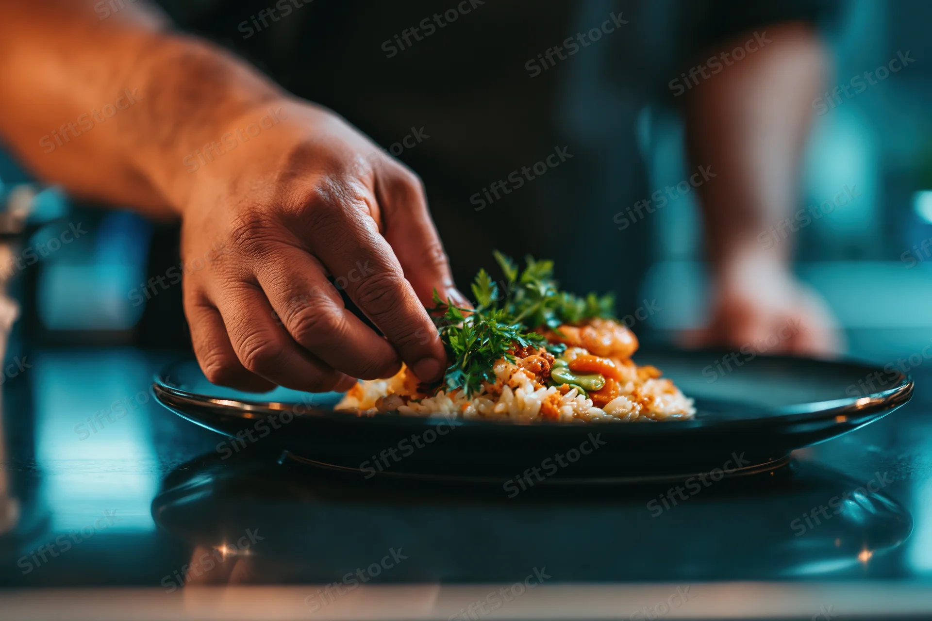 Chef's hands garnishing a seafood rice dish with fresh parsley on a dark plate in a kitchen setting