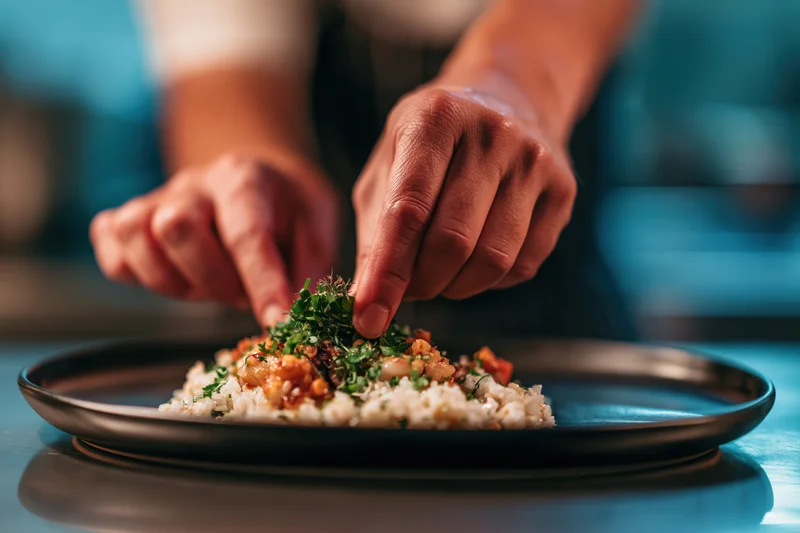 Chef's hands garnishing a seafood and rice dish with fresh herbs on a dark plate