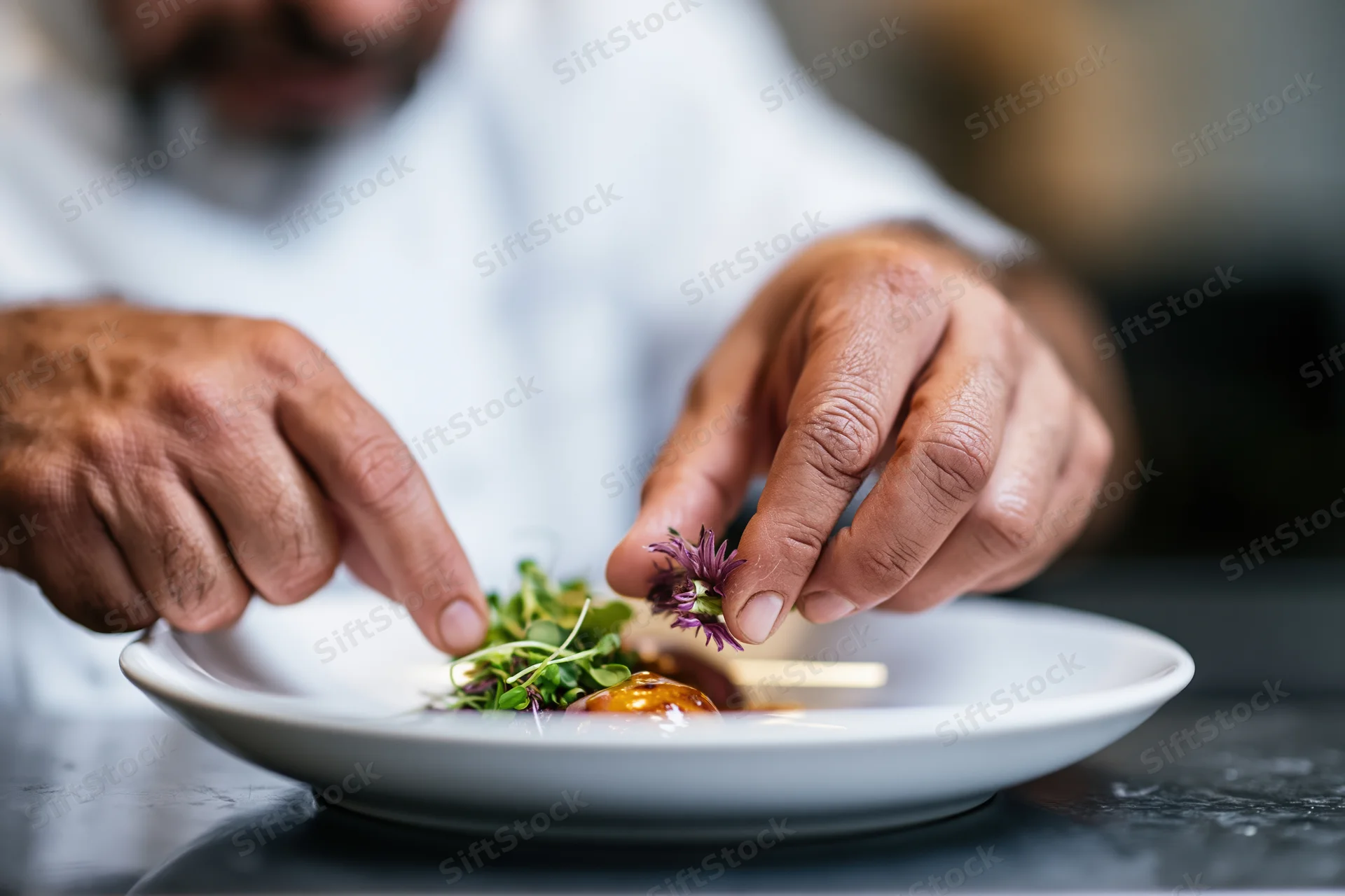 Chef's hands placing an edible flower on a plated dish in a restaurant kitchen
