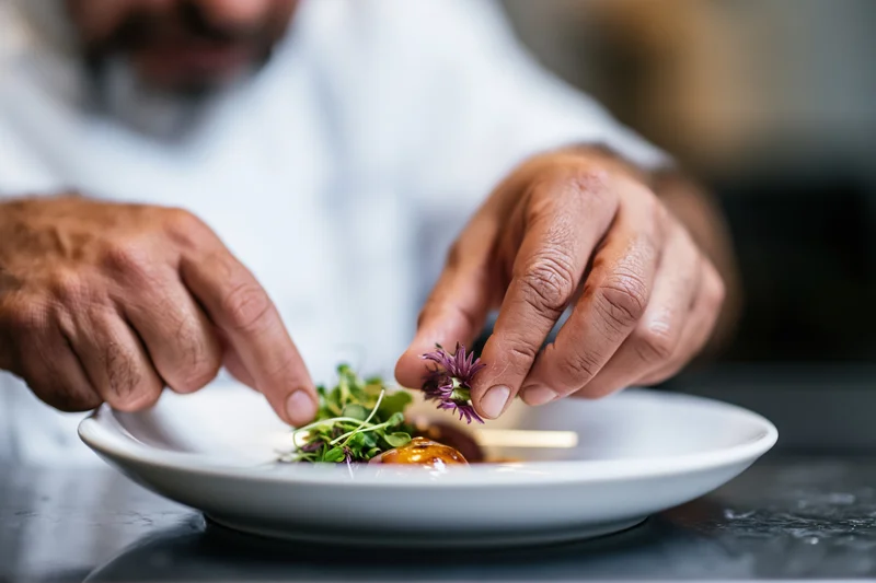 Chef's hands placing an edible flower on a plated dish in a restaurant kitchen