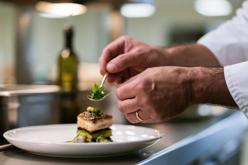 Chef's hands garnishing a plated dish with herbs in a kitchen