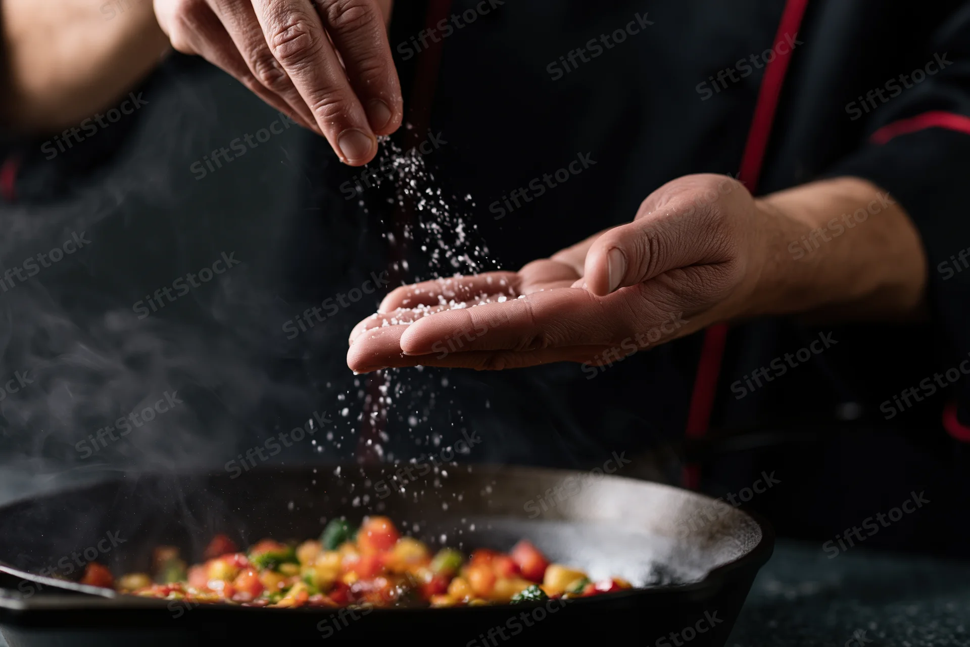 Chef sprinkling salt from hand into steaming pan of sautéed vegetables