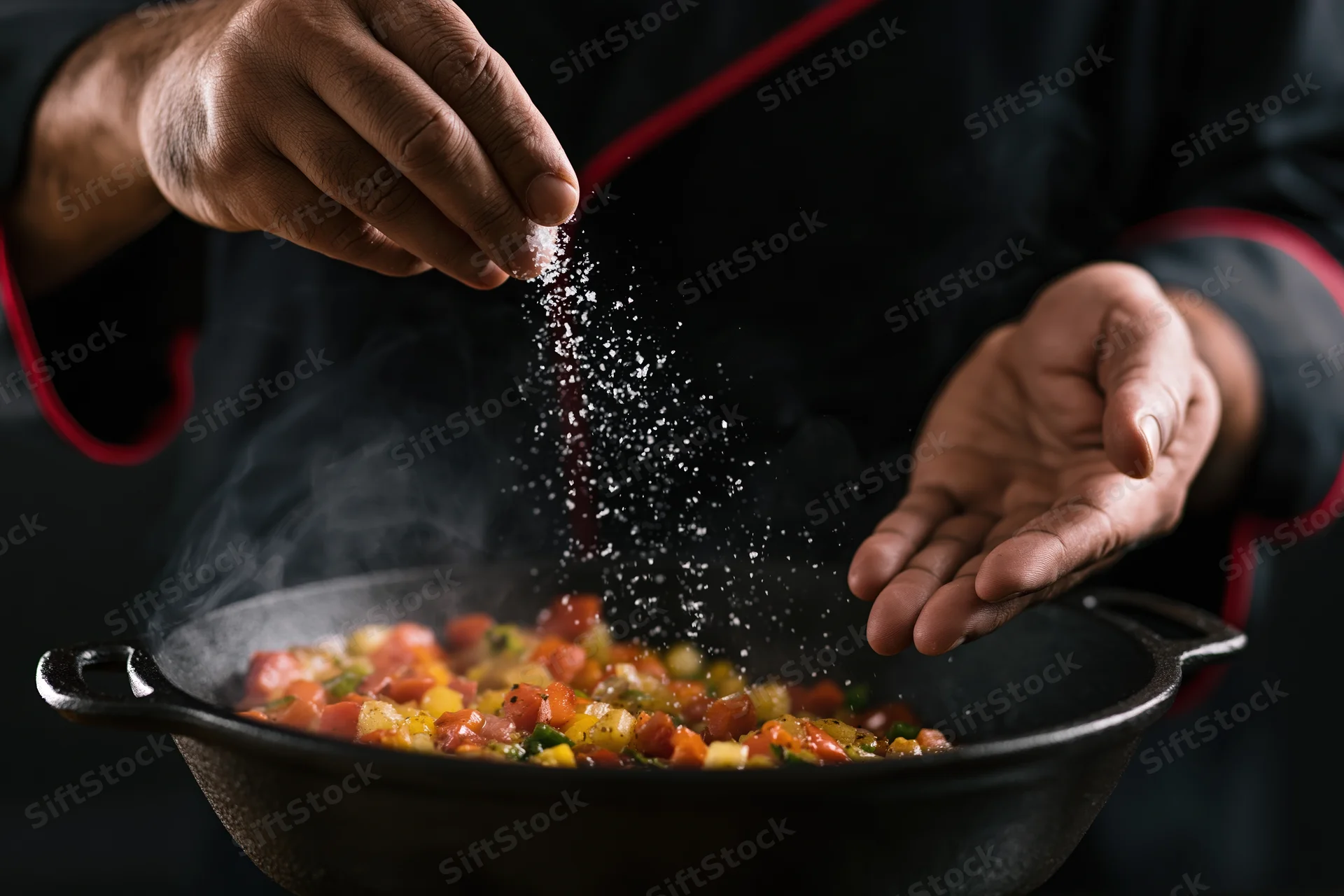Chef sprinkling salt over steaming vegetables in a cast iron pan