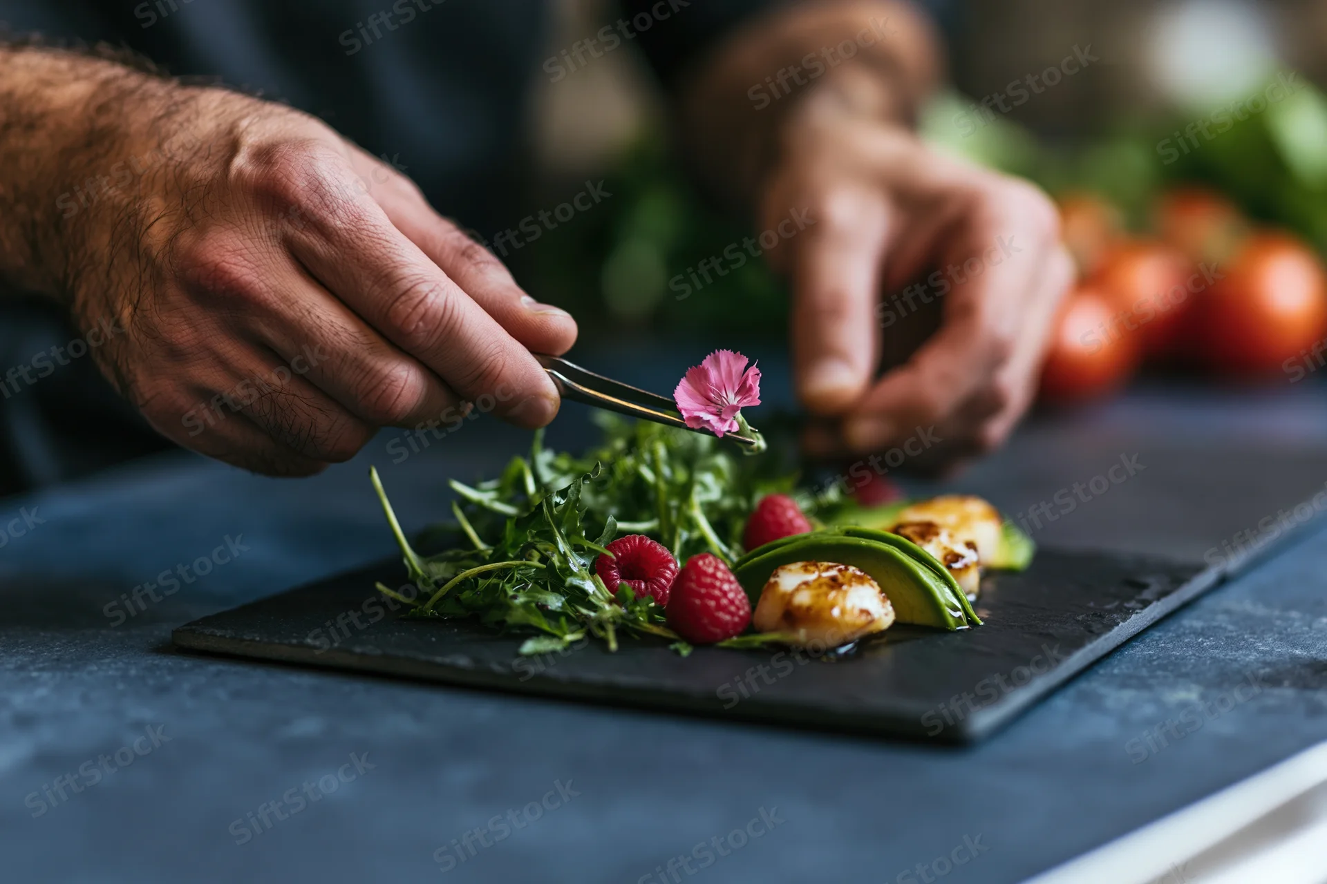 Chef using tweezers to place a pink edible flower on a plated dish with scallops, avocado, and greens