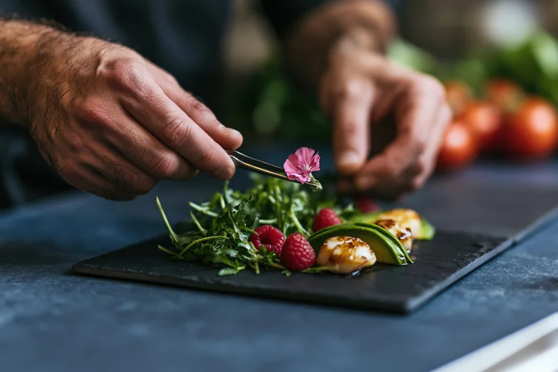 Chef using tweezers to place a pink edible flower on a plated dish with scallops, avocado, and greens