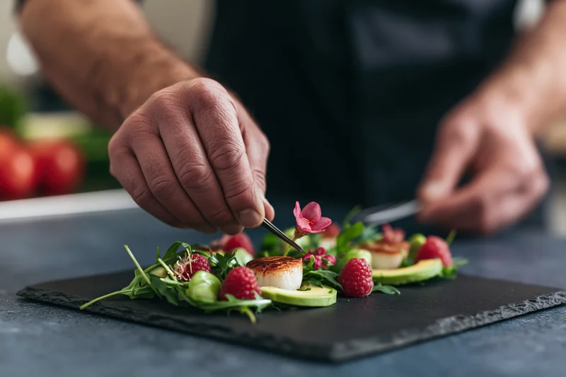 Chef using tweezers to place an edible pink flower on a plated dish with scallops, avocado, and berries