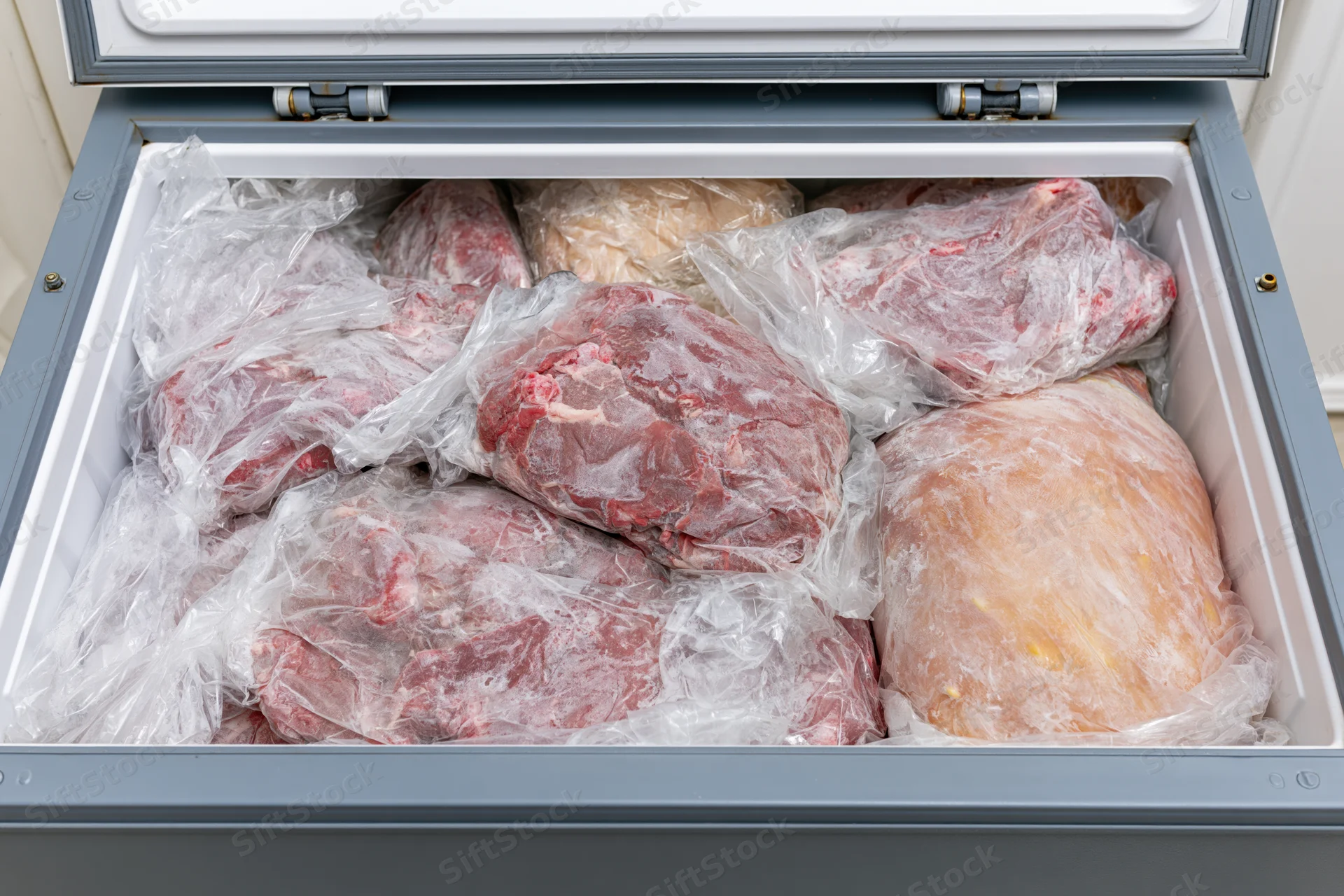 Open chest freezer filled with vacuum-sealed frozen meat packs inside kitchen storage unit