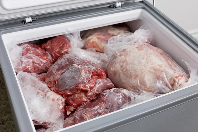 Open chest freezer filled with vacuum-sealed frozen meat packages inside