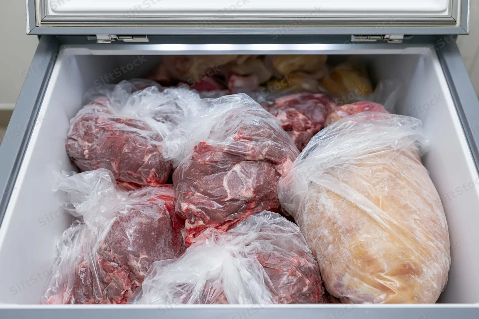 Open chest freezer filled with vacuum-sealed frozen meat packages inside