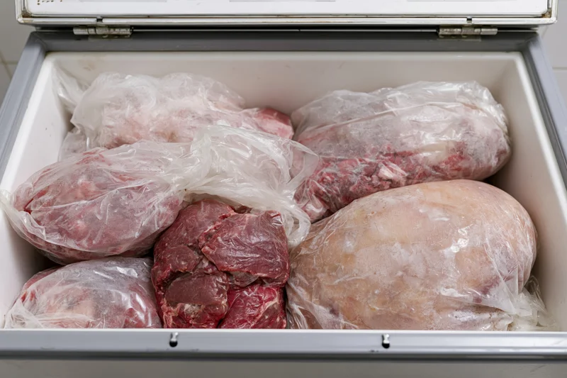 Open chest freezer filled with vacuum-sealed frozen meat packages inside