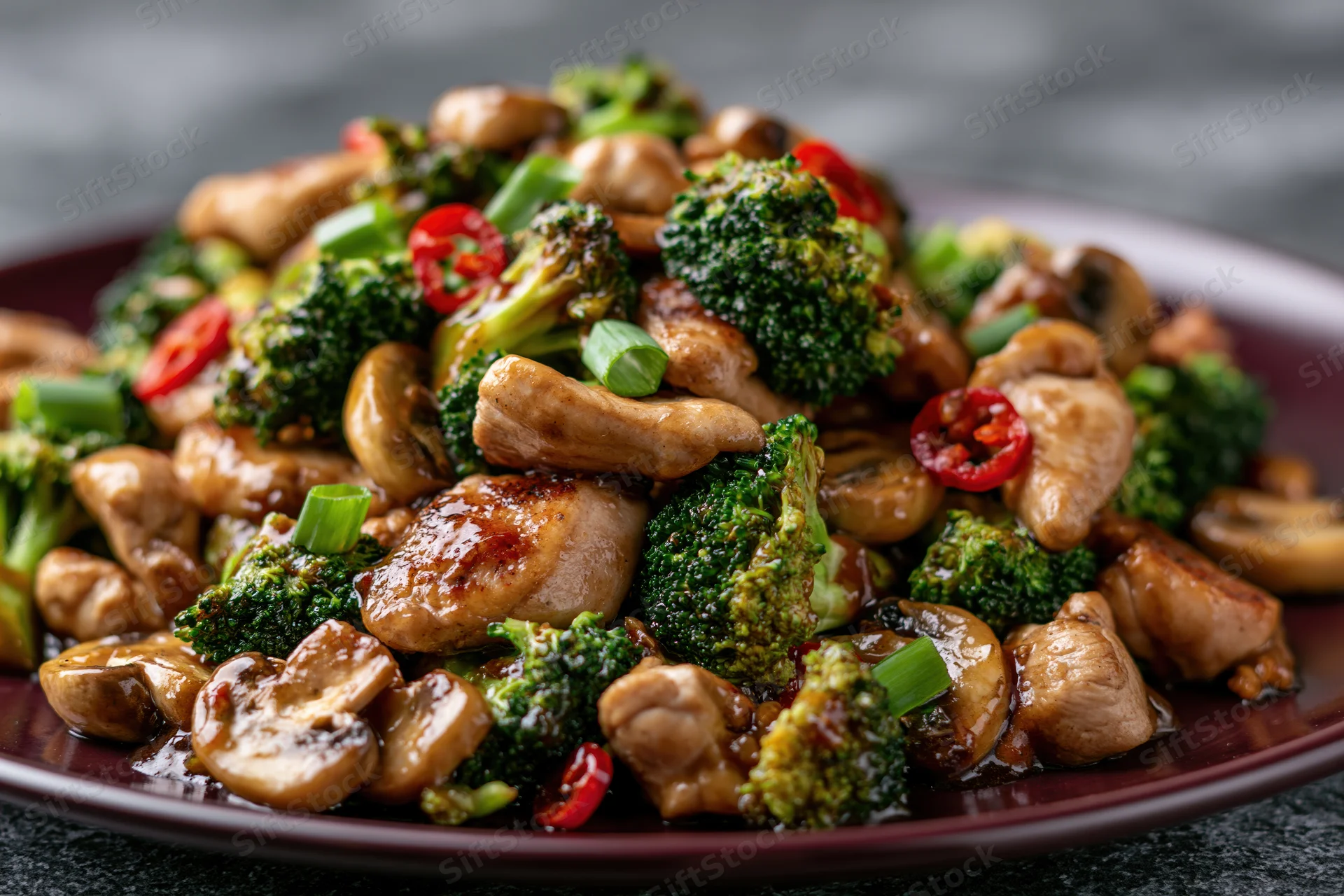 Stir-fried chicken with broccoli and mushrooms on a dark plate