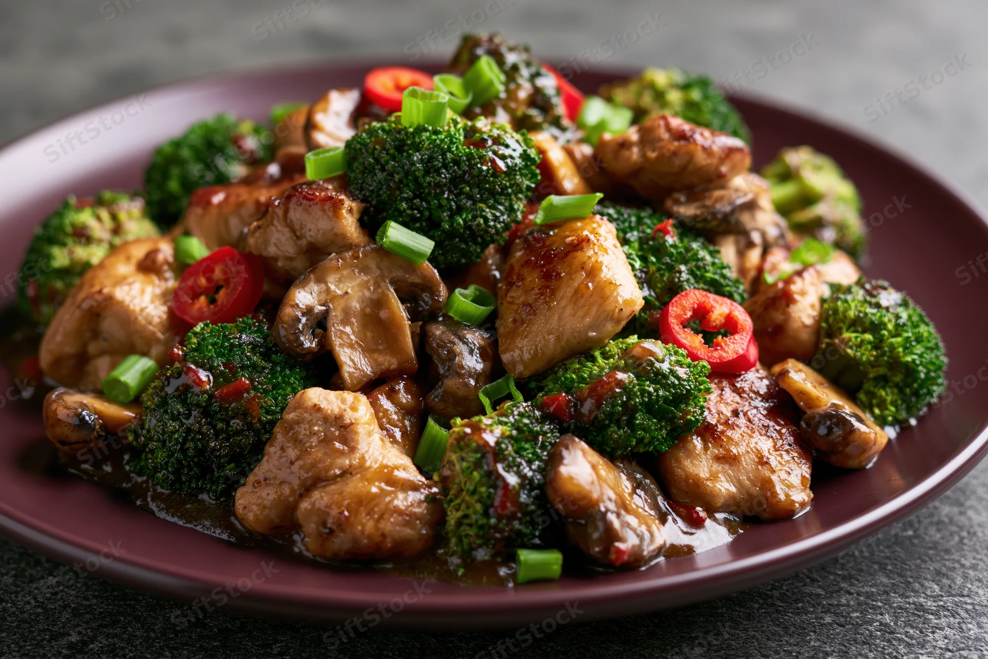 Stir-fried chicken and broccoli with mushrooms and red chili slices on a dark plate