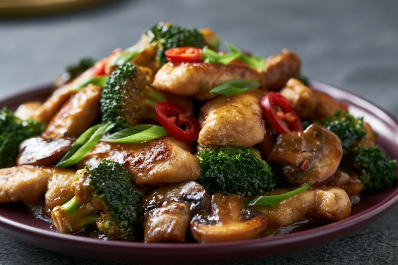 Stir-fried chicken and broccoli with mushrooms and red chili slices on a dark plate