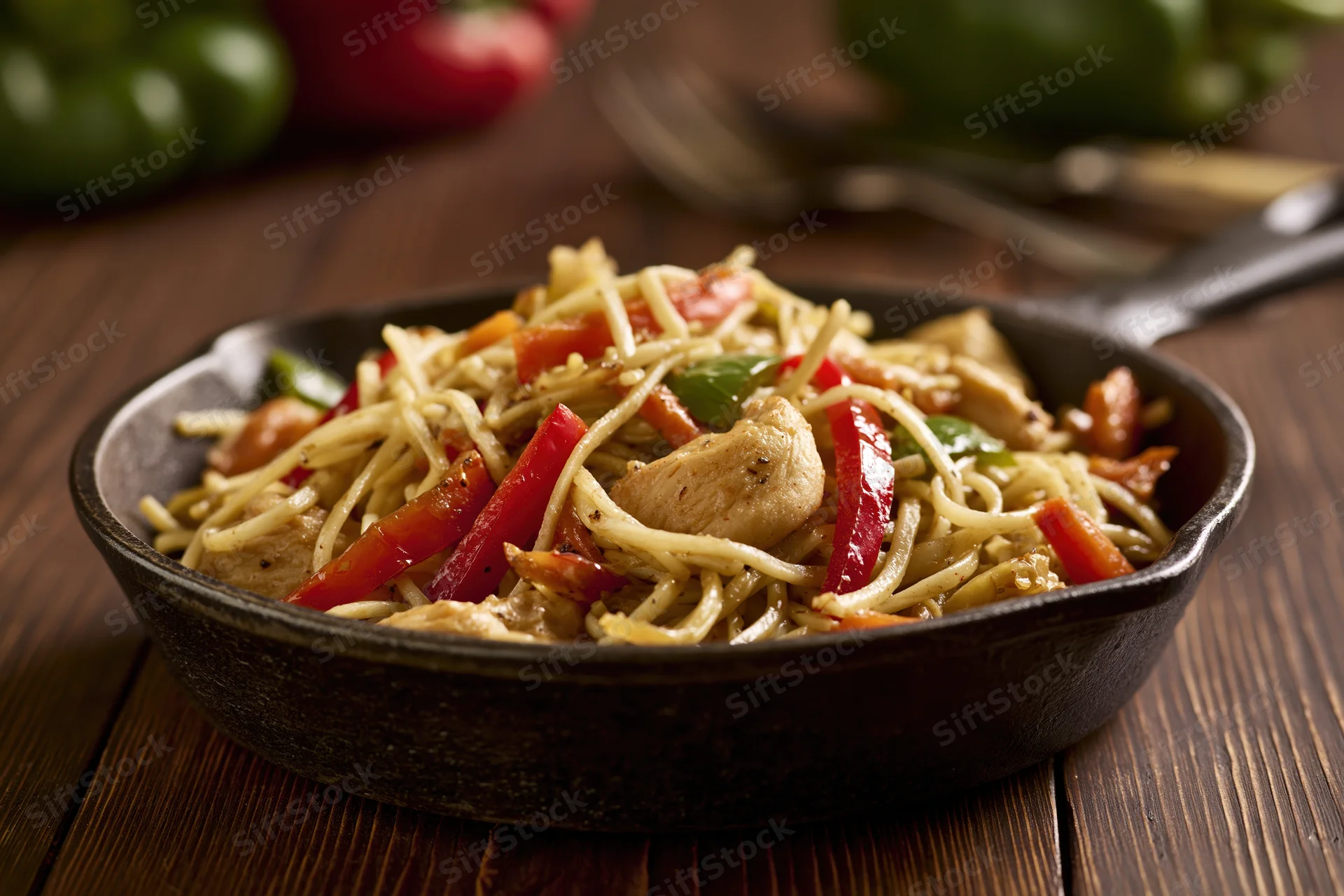 Chicken stir-fried noodles with bell peppers and vegetables in a cast iron skillet on a wooden table