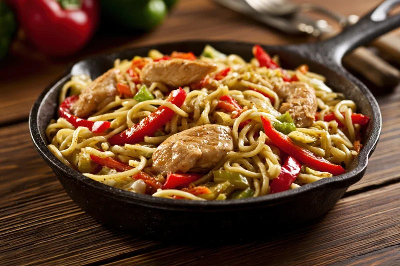 Chicken stir-fried noodles with bell peppers and vegetables in a cast iron skillet on a wooden table