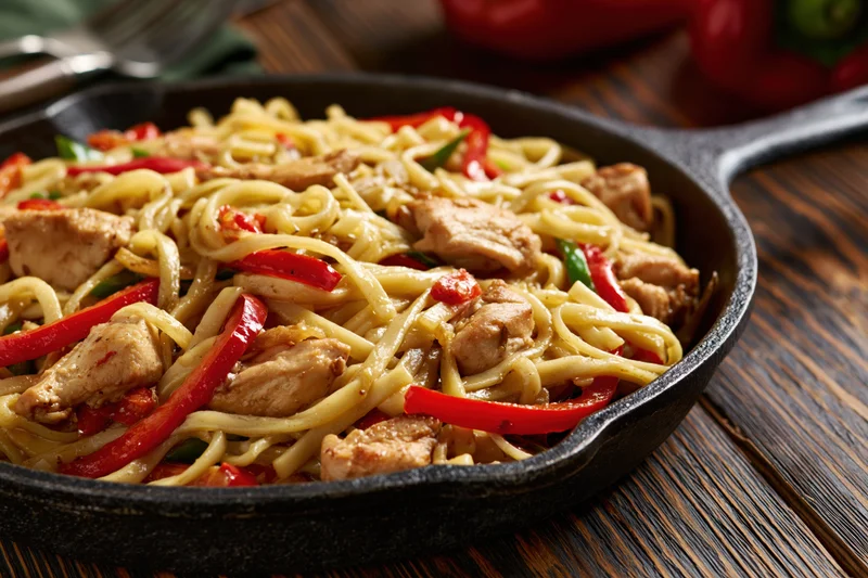 Chicken stir-fried noodles with bell peppers and vegetables in a cast iron skillet on a wooden table