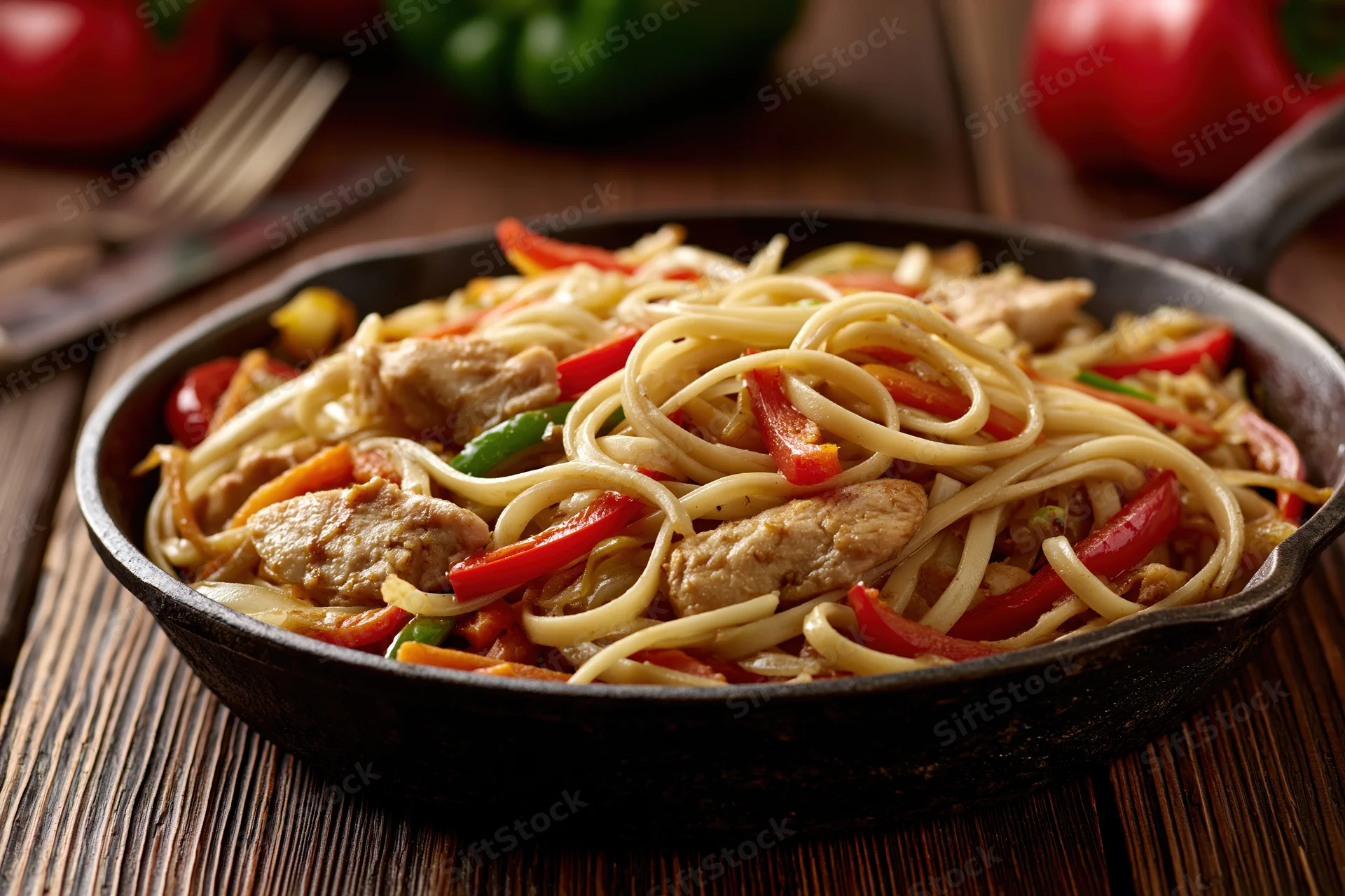 Chicken stir-fried noodles with bell peppers and vegetables in a cast iron skillet on a wooden table