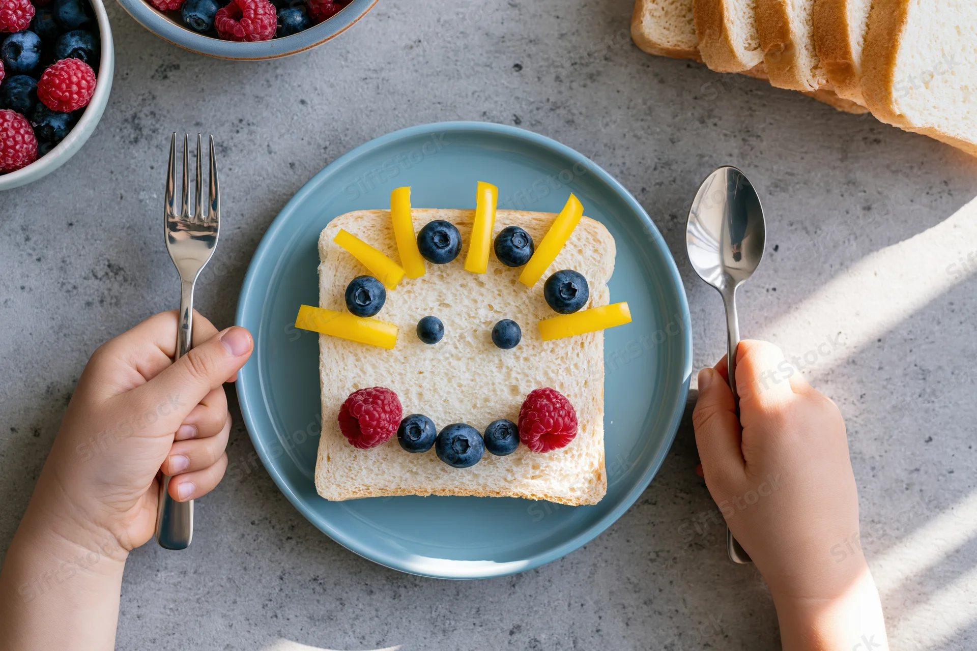 Child's hands holding fork and spoon beside a toast with fruit arranged as a face on a plate