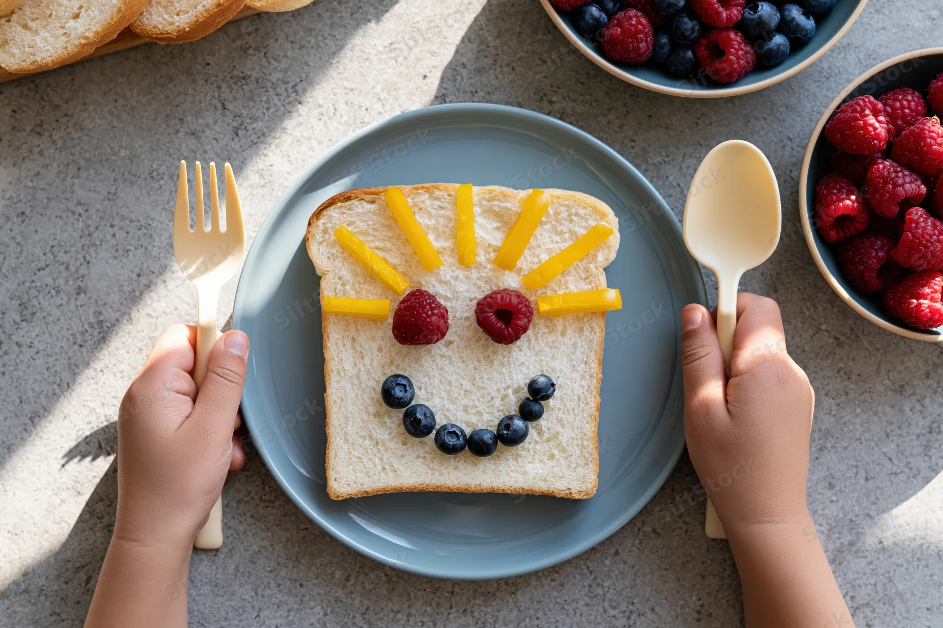 Child's hands holding fork and spoon beside a toast with fruit arranged as a smiling face on a plate