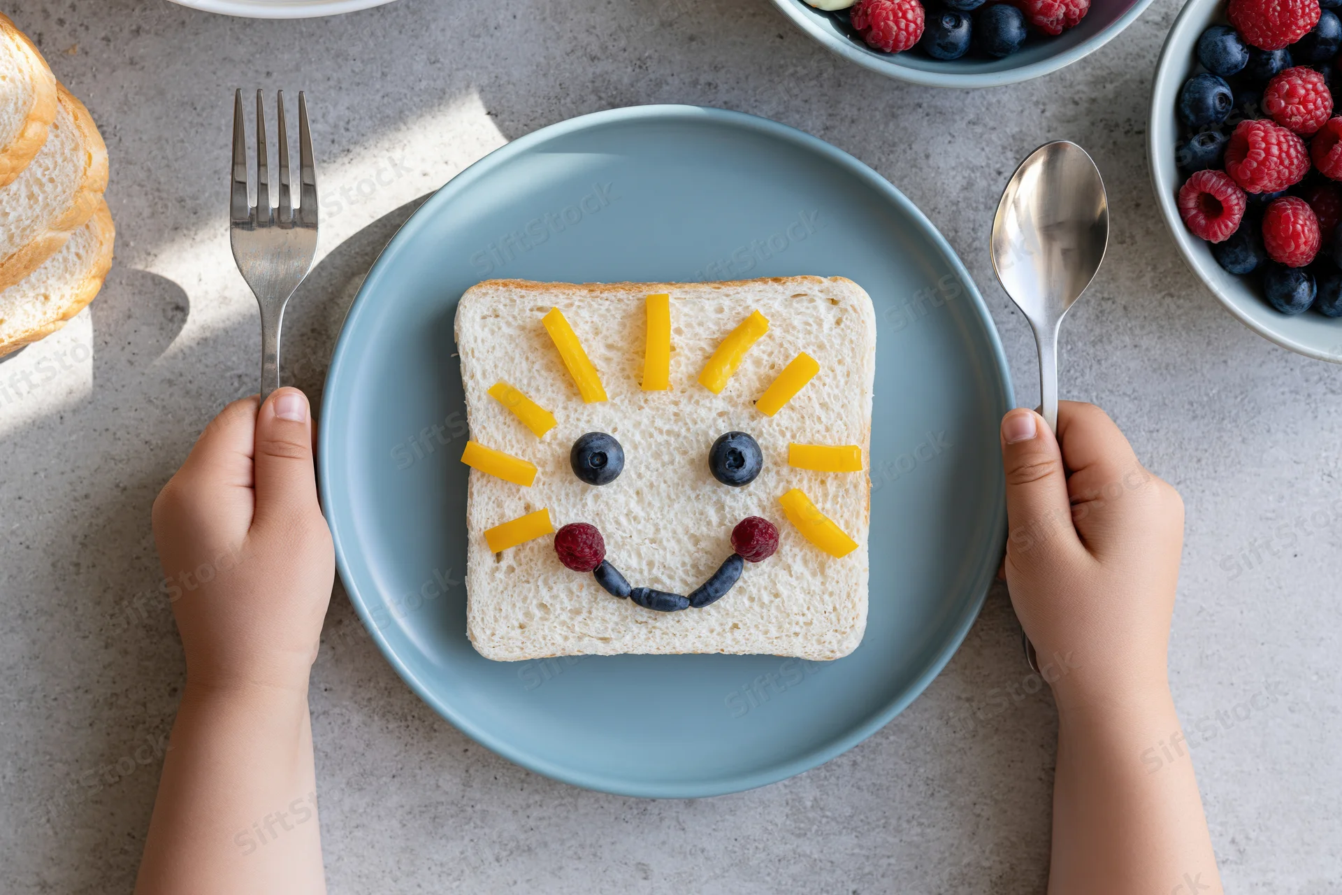 Child's hands holding fork and spoon beside a plate with toast decorated as a smiling face using fruit, surrounded by bowls of berries on a kitchen table