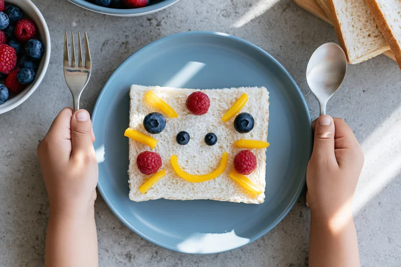 Child's hands holding fork and spoon beside a toast with fruit arranged as a smiling face on a blue plate