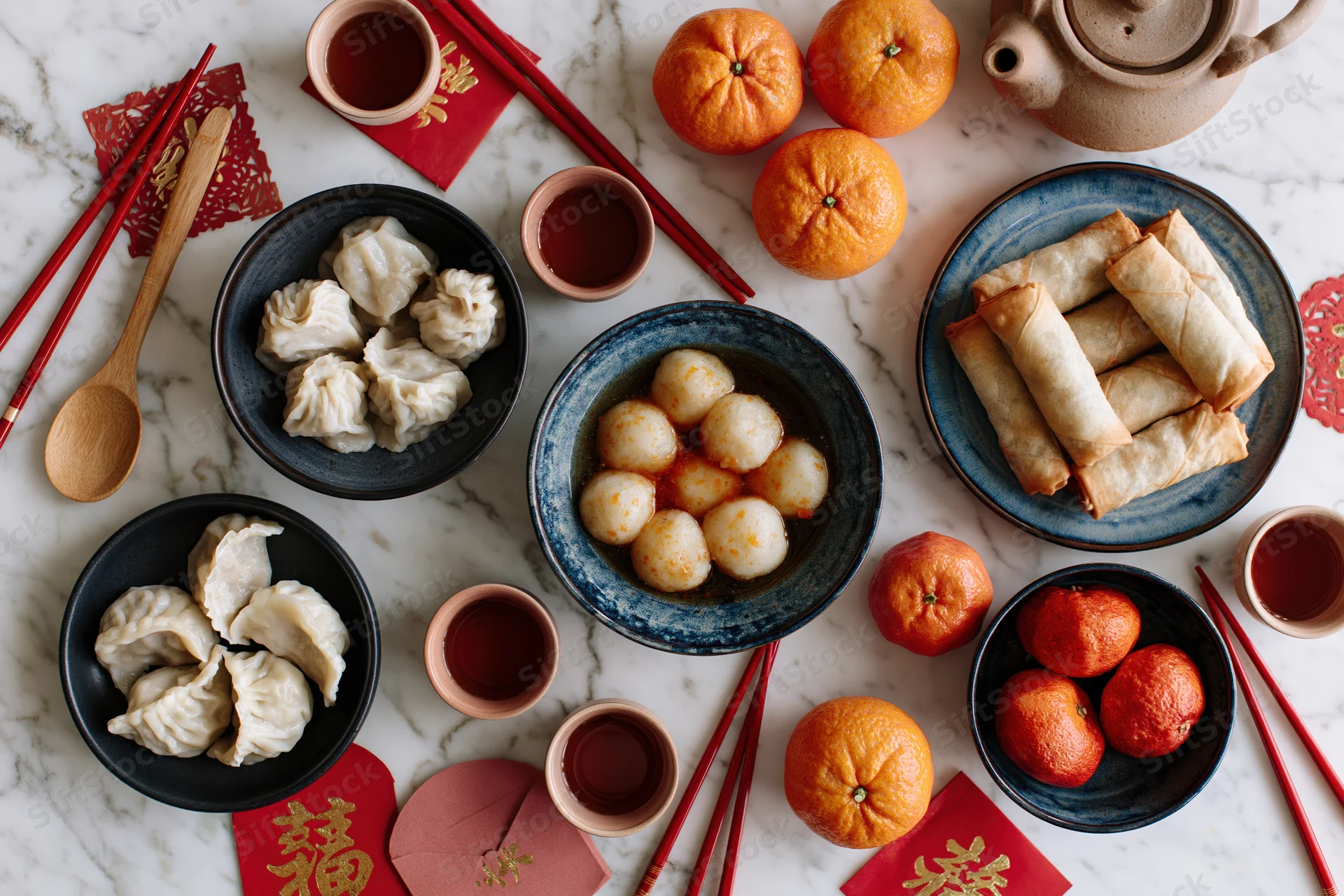 Overhead view of a chinese new year food spread with dumplings, spring rolls, tangyuan, oranges, tea, and red envelopes on a marble table
