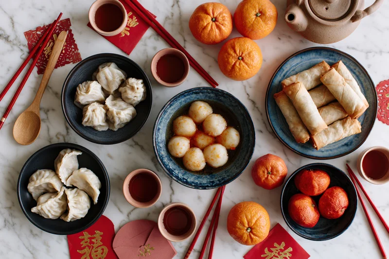 Overhead view of a chinese new year food spread with dumplings, spring rolls, tangyuan, oranges, tea, and red envelopes on a marble table