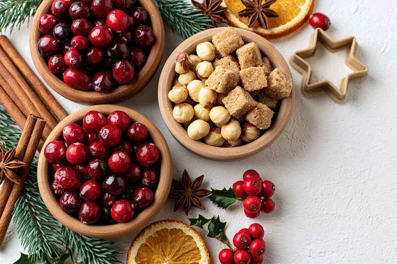 Christmas baking ingredients arranged as a flat lay on a white surface with cranberries, cinnamon, orange, holly, and cookie cutter