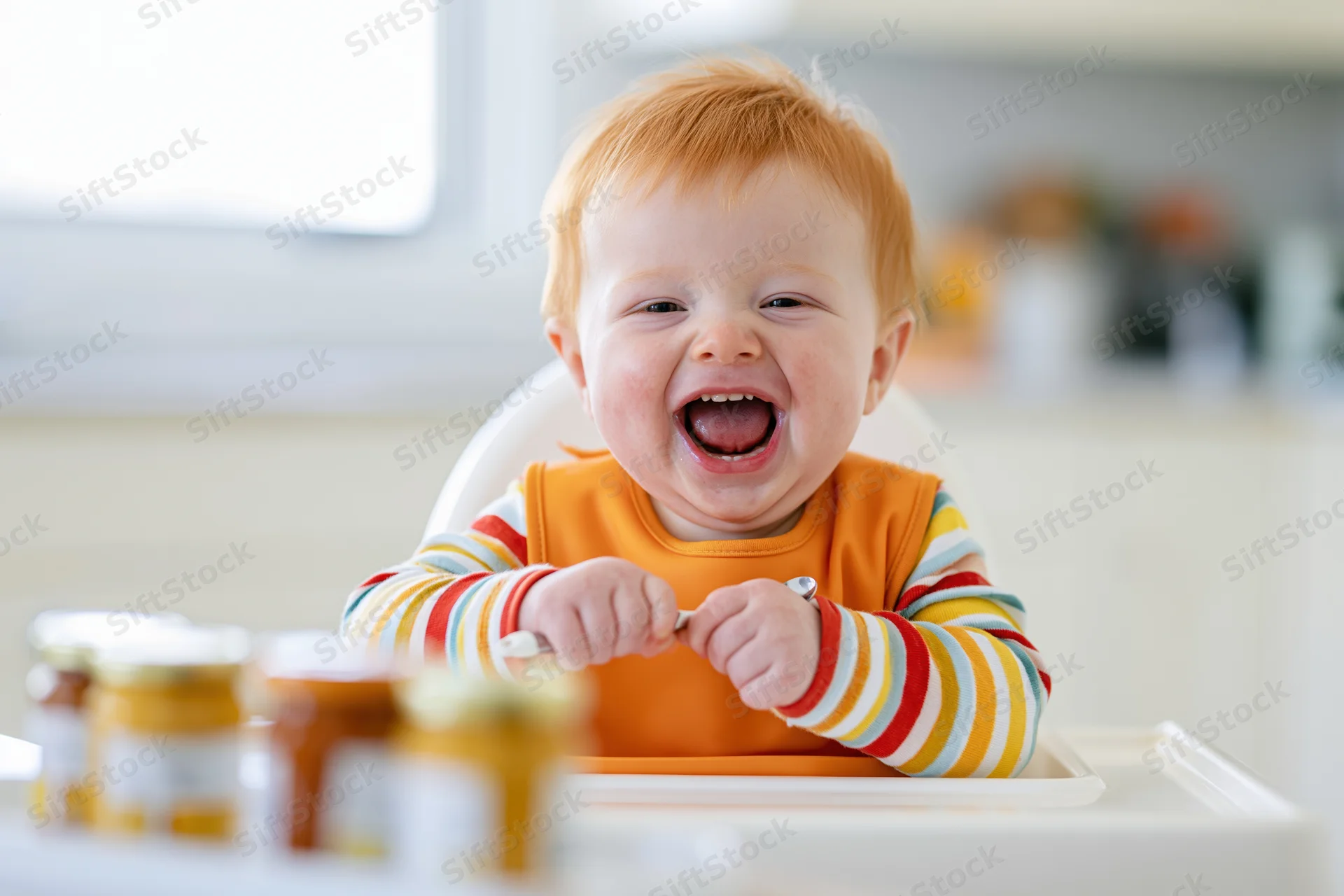 Chubby red-haired baby laughing in white high chair during mealtime