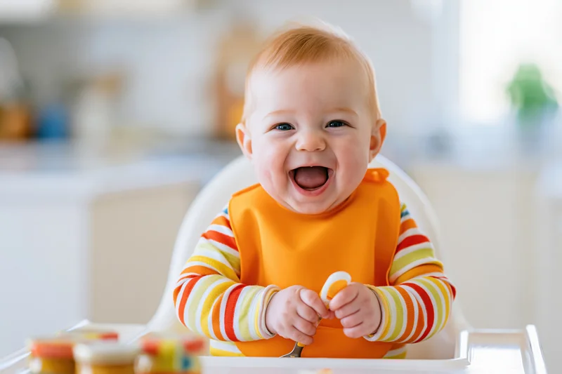 Chubby baby laughing in high chair during mealtime at home