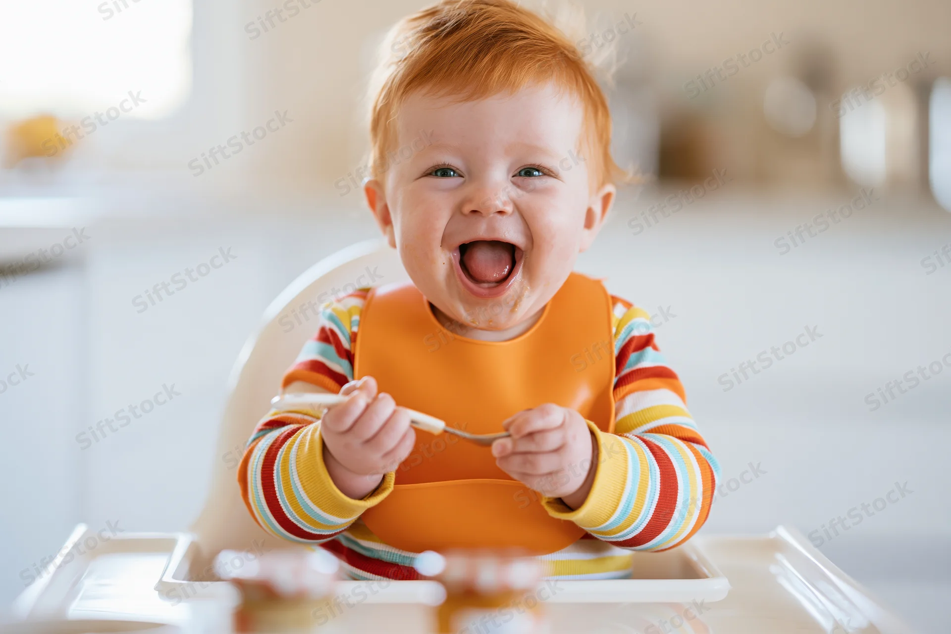 Chubby red-haired baby laughing while sitting in a white high chair during feeding time