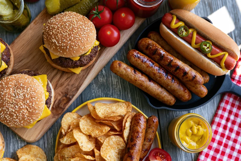 Grilled sausages and cheeseburgers with chips and condiments on a wooden table with red checkered cloth