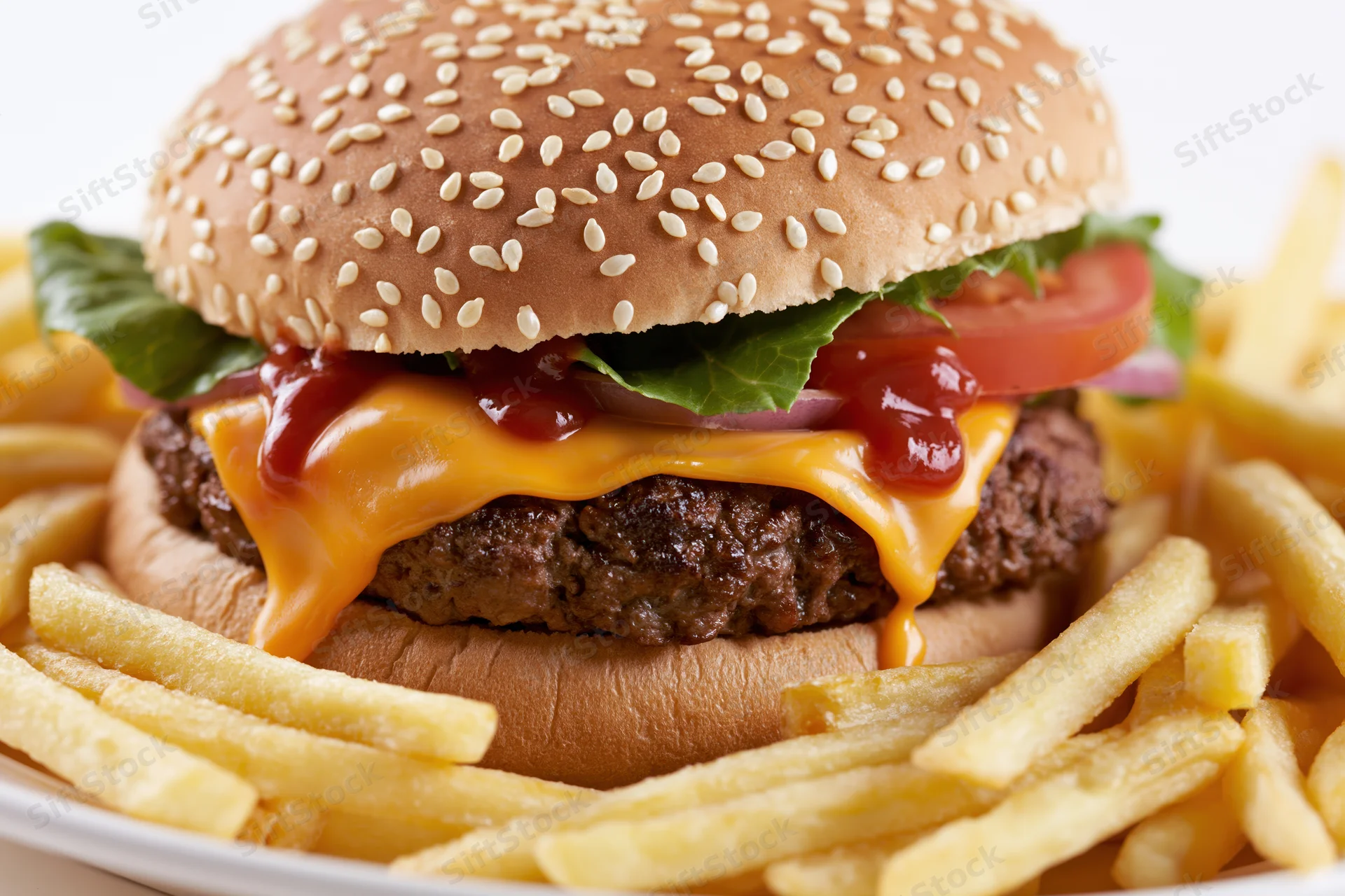Cheeseburger with sesame seed bun, thick beef patty, melted cheese, ketchup, lettuce, tomato, onion, served with french fries on a white plate