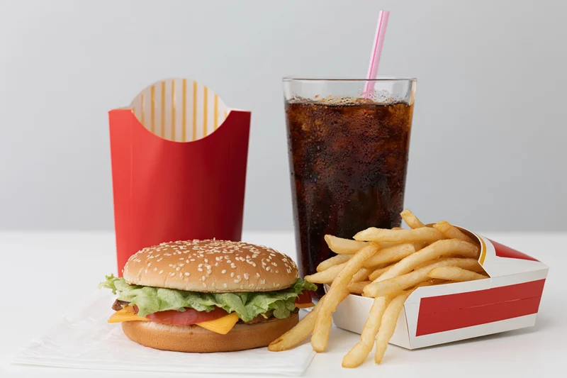 Hamburger with french fries and soda arranged on a white surface
