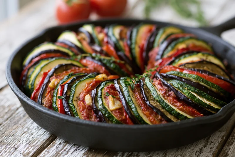 Classic ratatouille arranged in concentric circles in a cast iron skillet on a wooden table