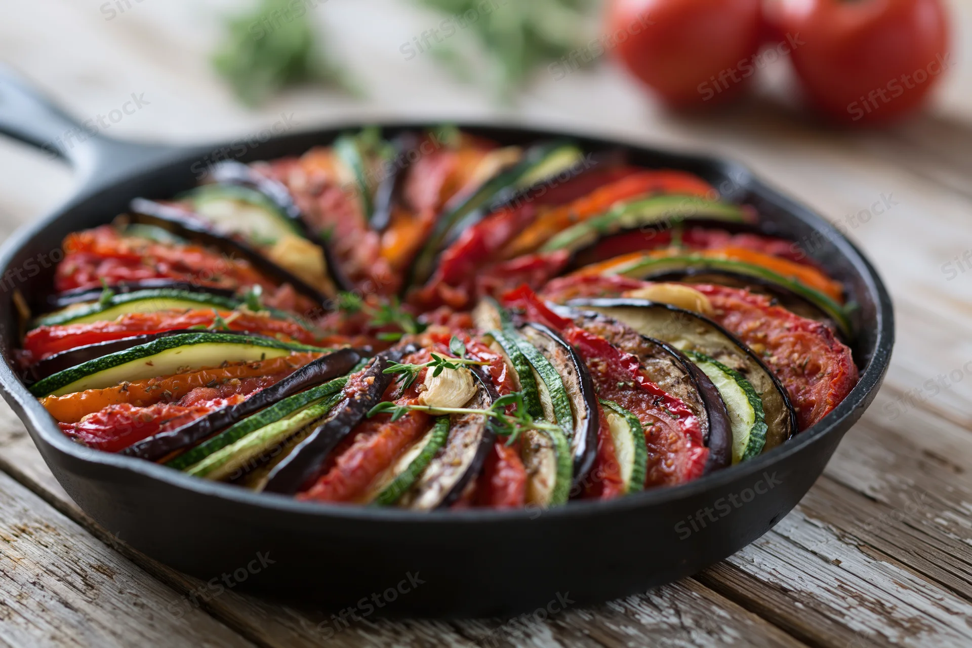 Ratatouille arranged in concentric circles in a skillet on a wooden table
