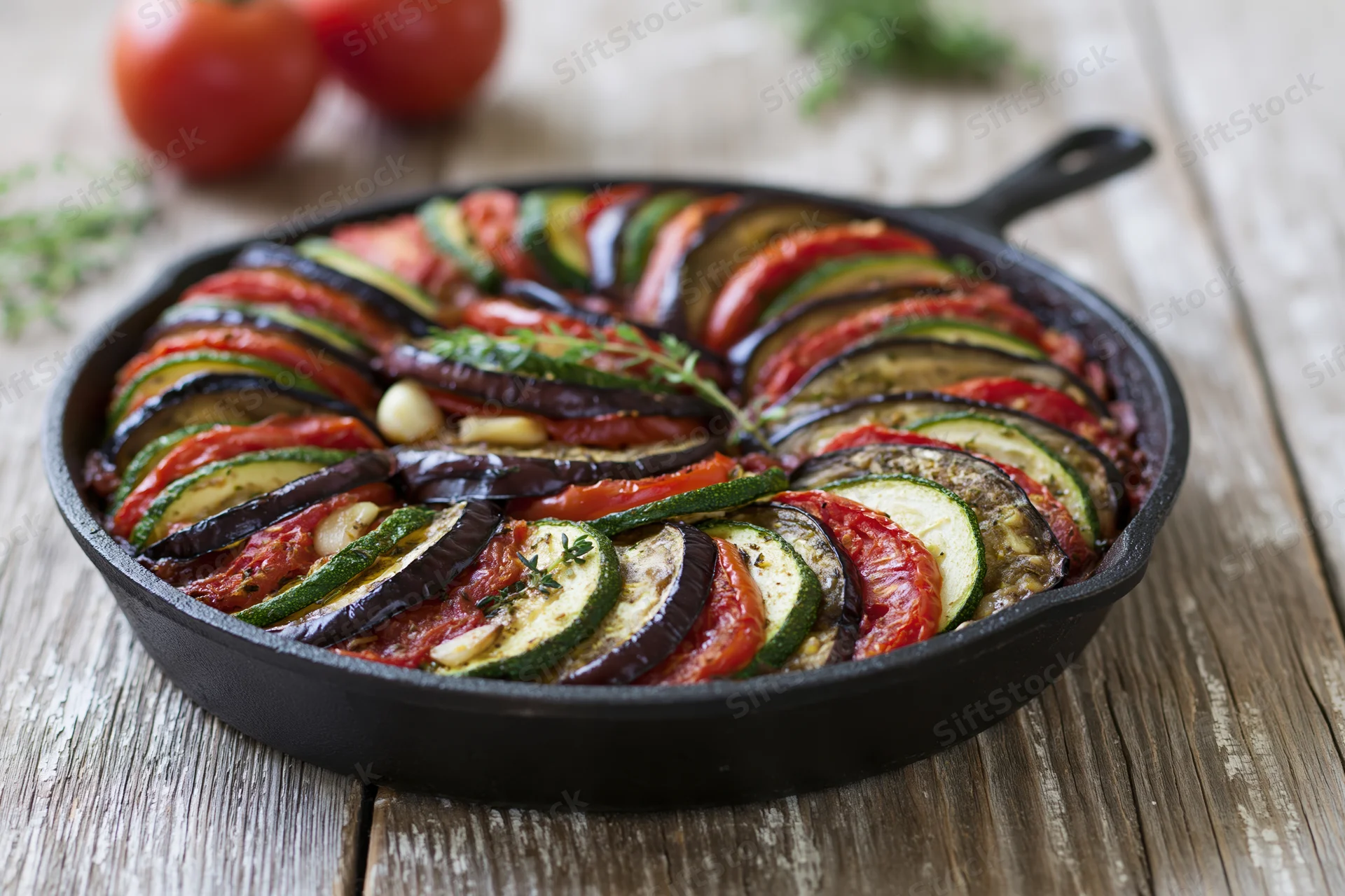 Ratatouille arranged in concentric circles in a cast iron skillet on a wooden table
