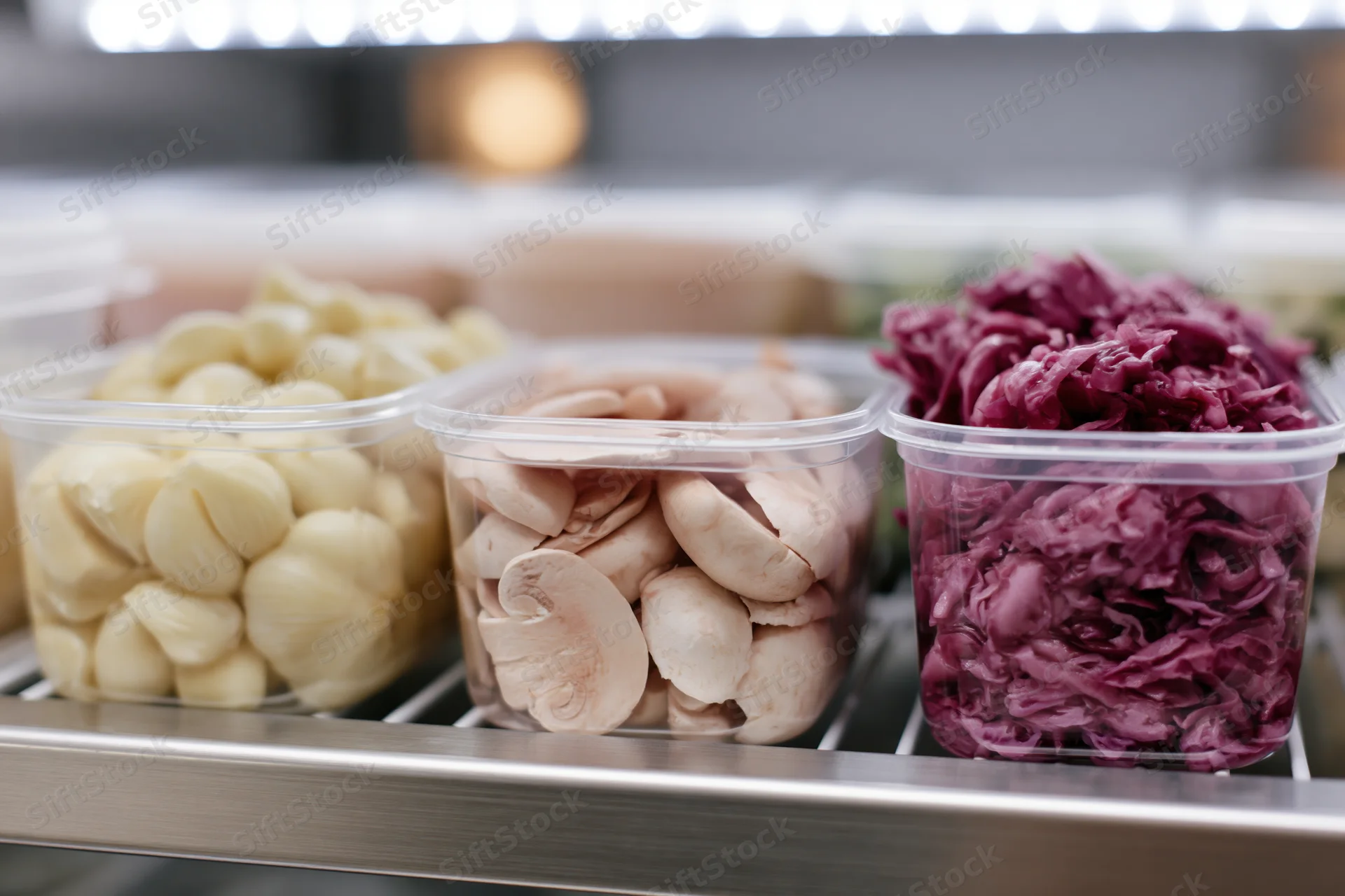Clear plastic deli containers filled with prepped garlic, mushrooms, and red cabbage on a refrigerated shelf
