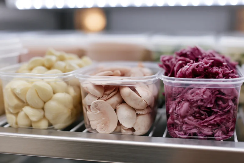 Clear plastic deli containers filled with prepped garlic, mushrooms, and red cabbage on a refrigerated shelf