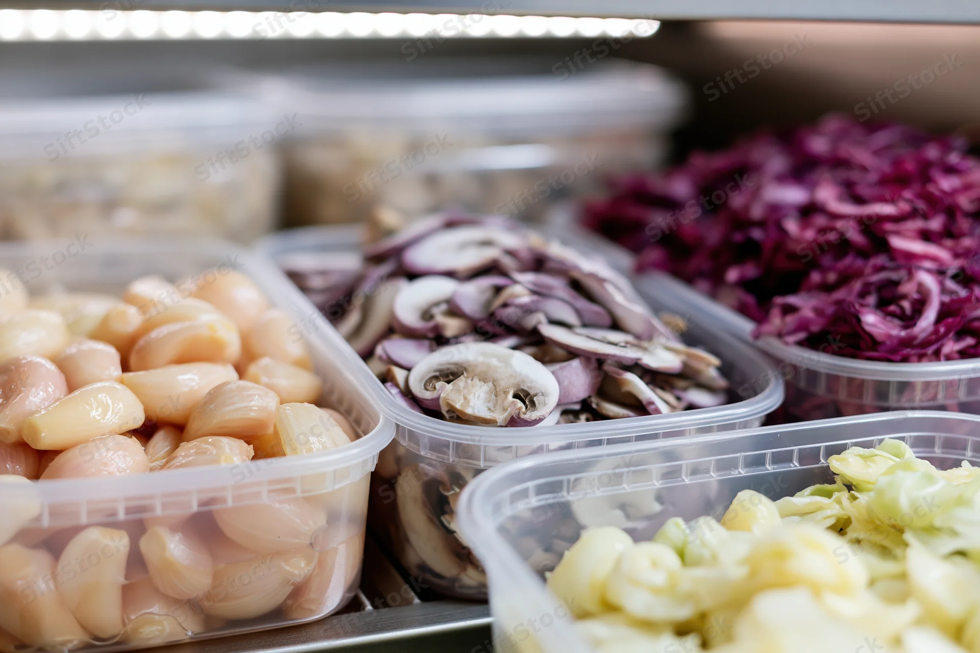 Clear plastic deli containers filled with prepped vegetables on a refrigerated shelf