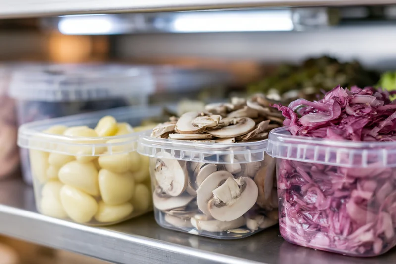 Clear plastic containers holding prepped mushrooms, garlic, and red cabbage on a metal shelf