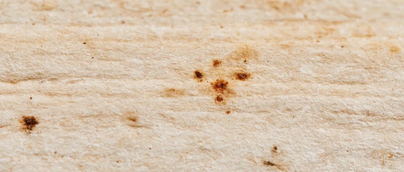 Close-up of aged paper surface with visible fibers and brown stains