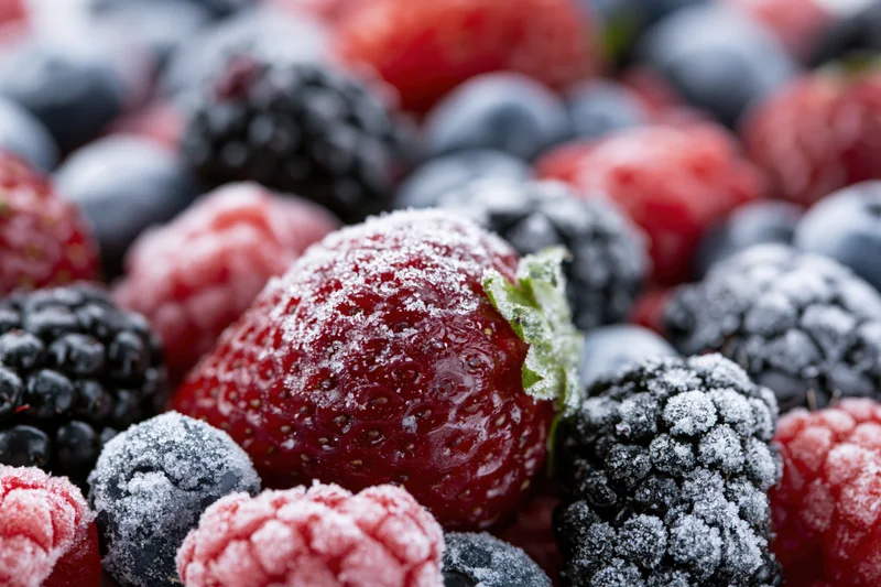 Close-up of mixed frozen berries with frost covering strawberries, raspberries, blackberries, and blueberries