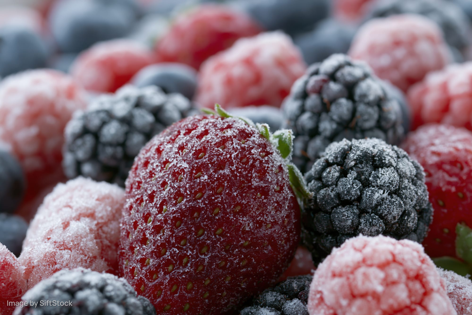Close-up of mixed frozen berries covered in frost, including strawberries, raspberries, blackberries and blueberries