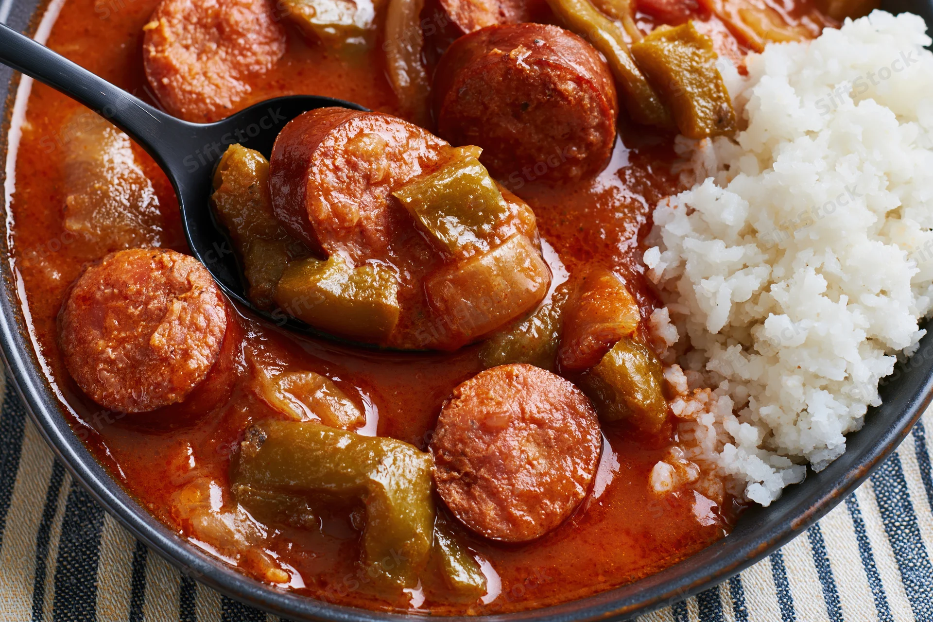 Close-up of gumbo with sausage and rice in a dark bowl on a striped cloth