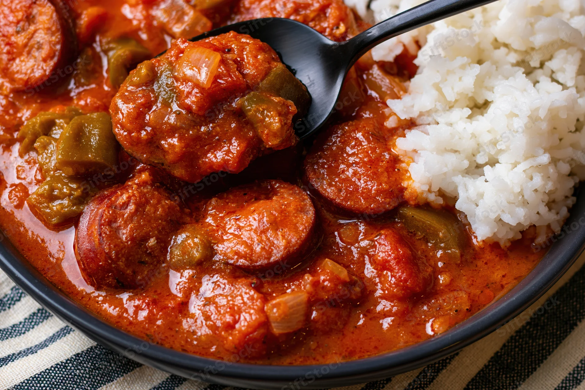 Close-up of gumbo with sausage and rice in a black bowl on a striped cloth