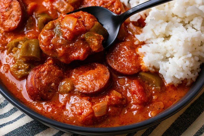 Close-up of gumbo with sausage and rice in a black bowl on a striped cloth