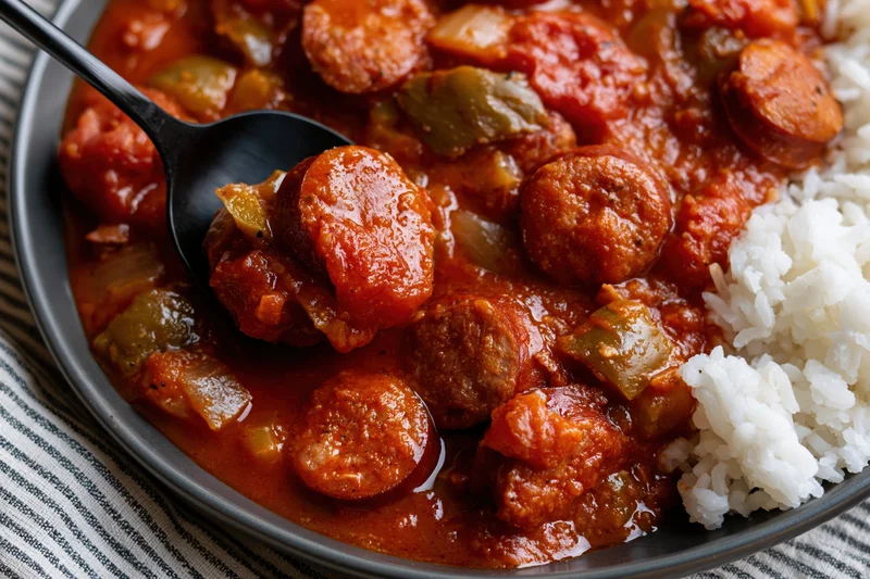 Close-up of gumbo with sausage and rice on a dark plate, spoon lifting a portion, striped cloth beneath
