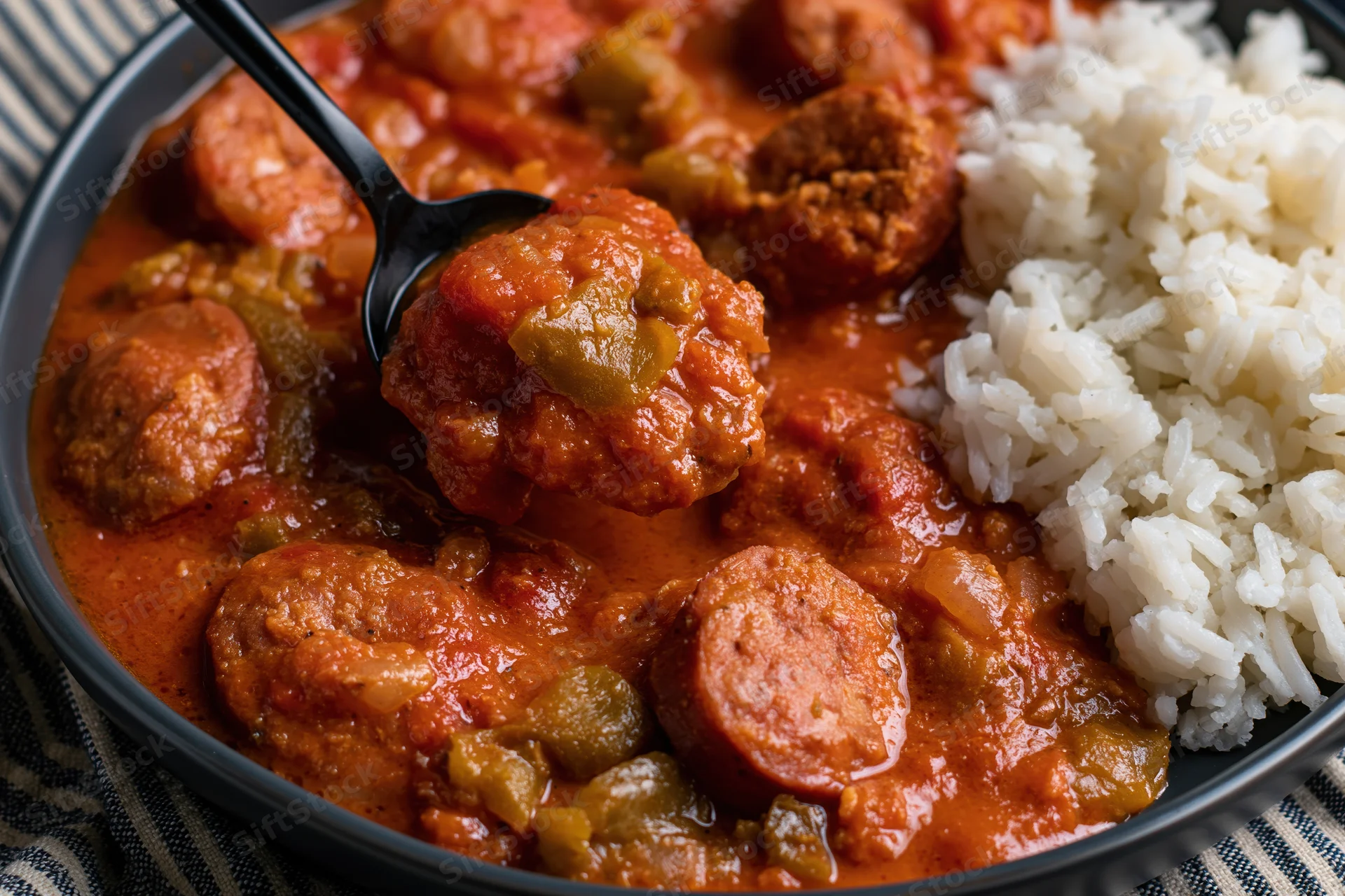 Close-up of gumbo with sausage and rice in a dark bowl, spoon lifting a meatball