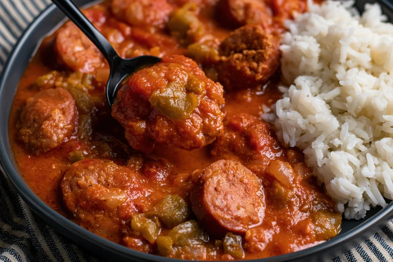 Close-up of gumbo with sausage and rice in a dark bowl, spoon lifting a meatball